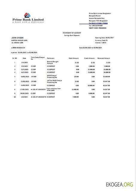 Bangladesh Prime Bank Limited relevé de compte Modèle Word et PDF, version 2
